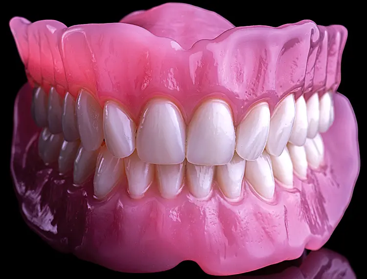 Dientes postizos de muestra en modelo de prótesis dental para odontología estética y rehabilitación oral.