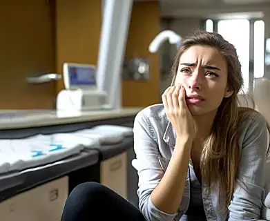 Dolor de muelas en una clínica odontológica, mujer con expresión de incomodidad, servicio dental de emergencia, cuidado odontológico, atención en salud bucal.