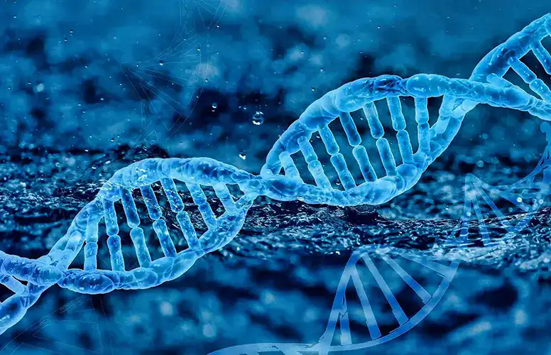 Código de barras de ADN en color azul en fondo oscuro, ilustración científica de genética y biotecnología.